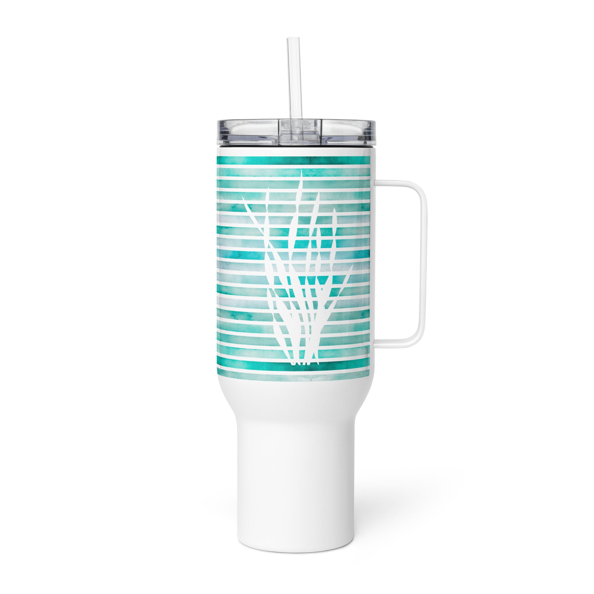 Coastal 40 oz tumbler with turquoise kelp fronds, the best coastal coffee mug and travel mug for ocean lovers.
