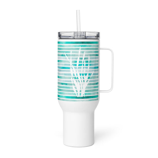Coastal 40 oz tumbler with turquoise kelp fronds, the best coastal coffee mug and travel mug for ocean lovers.
