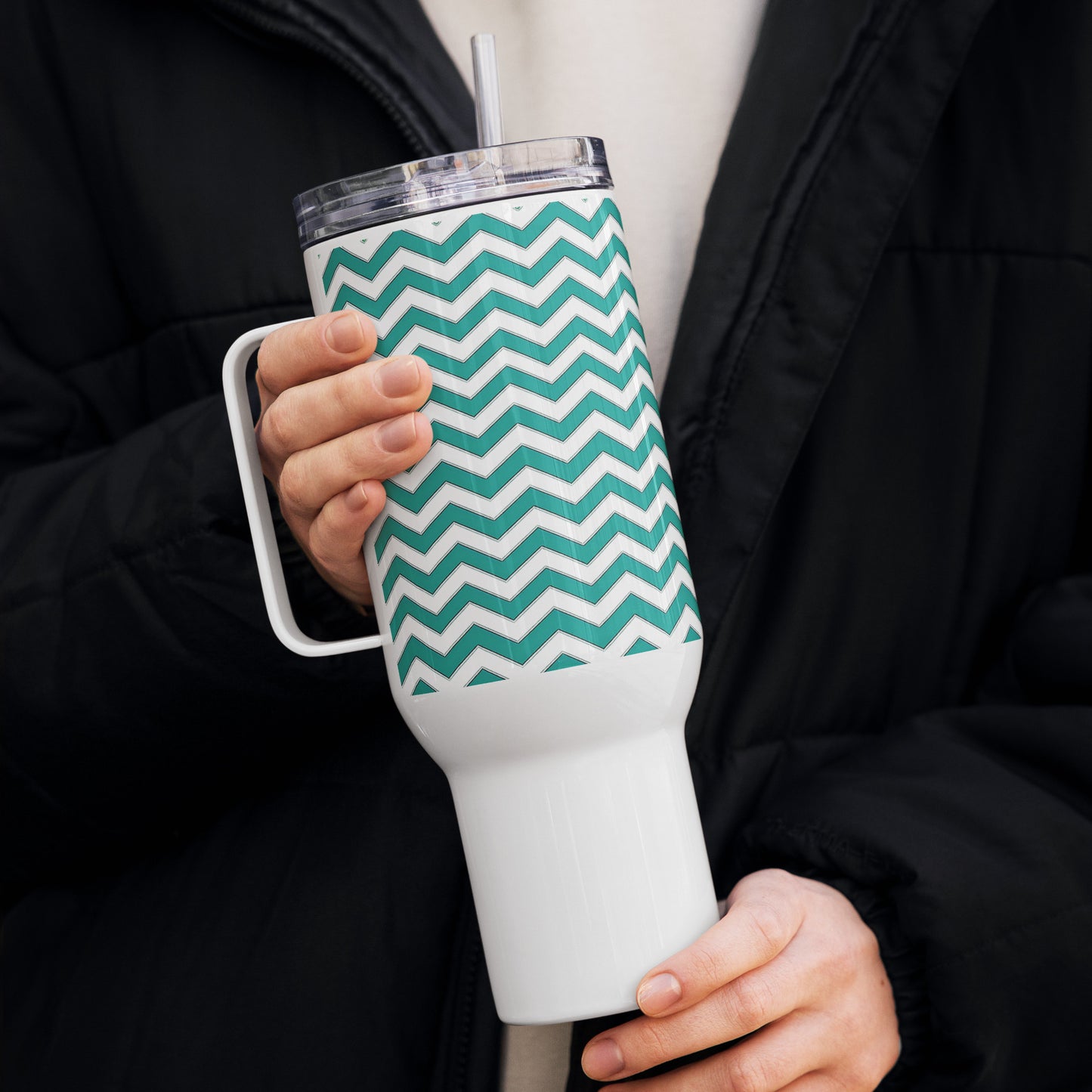 Teal Chevron Tumbler, Premium Beach Buddy Travel Cup, Insulated Tumbler with Handle, 40 oz., Extra Large