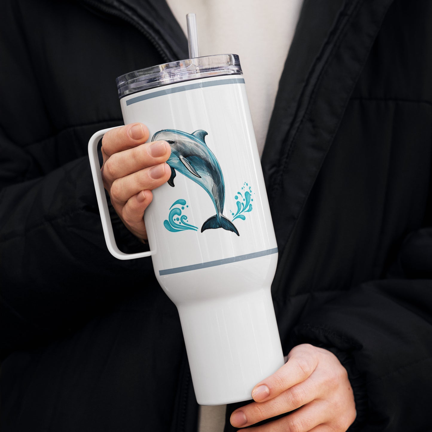 Dolphins Tumbler, Premium Beach Buddy Travel Cup, Insulated Tumbler with Handle, 40 oz., Extra Large